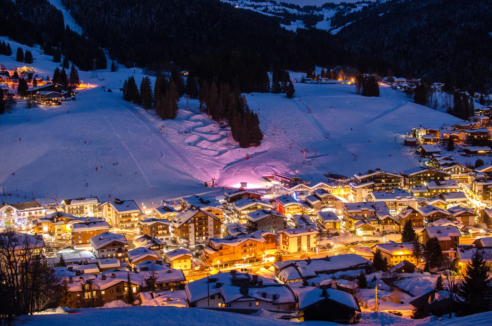 Les Gets ski resort at night lit up